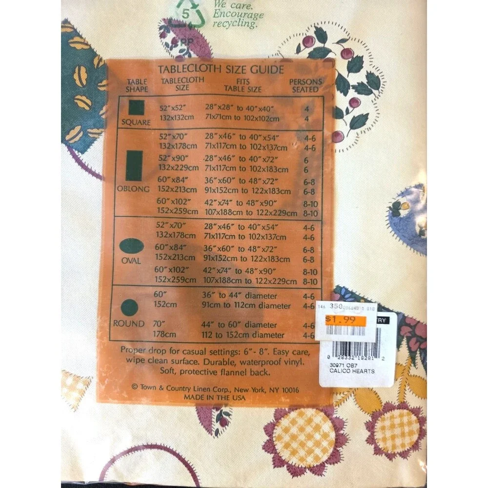 Vintage Town & Country Linen Flannel Backed Vinyl Tablecloth Calico Hearts